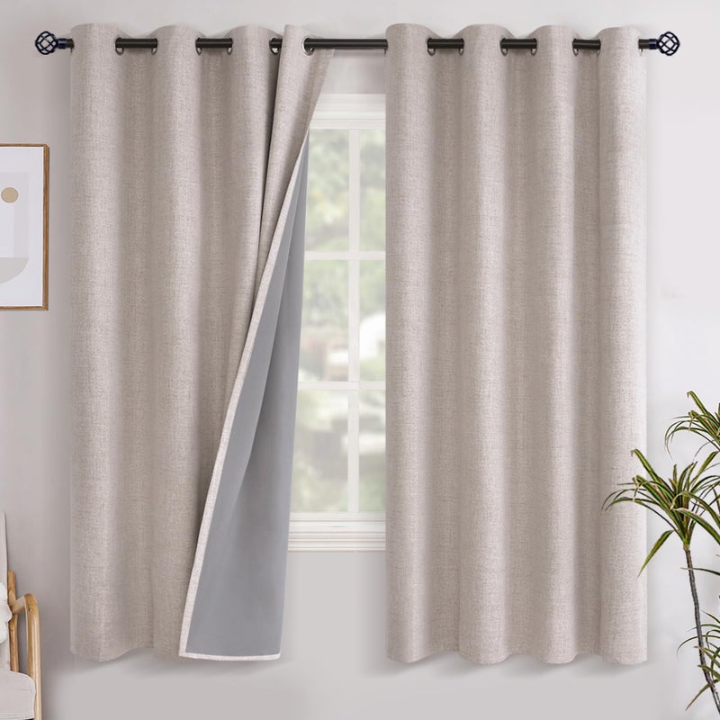 YoungsTex Linen Blackout Curtains 68 Inches Long for Bedroom, Full Light Blocking Window Drapes for Living Room Farmhouse Thermal Insulated Burlap Blinds with Grommet, Beige, 2 Panels, 52 X 68 Inch - Image 1