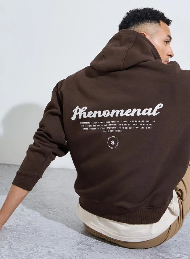 Styli Brown Back Text Print Oversized Heavyweight Hoodie