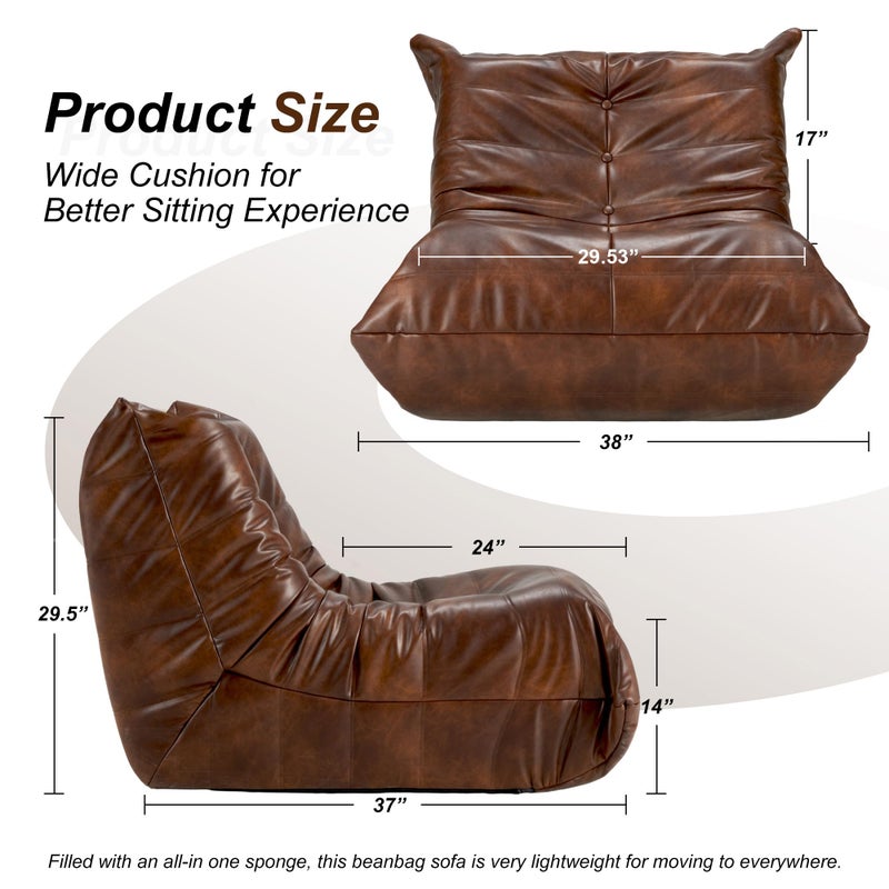 Hobestluk Giant Bean Bag Chair Lazy Floor Sofa, Memory Foam Fireside Sofa for Adults, Big Beanbag Faux Leather Armless Chair for Living Room Bedroom Dorm Office (Brown, Single) - Image 2
