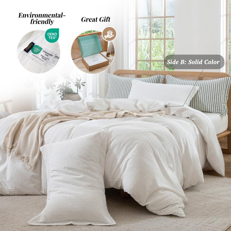 MILDLY White Boho Duvet Cover Set - 100% Washed Cotton Jacquard Stripe Textured Comforter Cover with Zipper Closure 90"x90" - Image 3