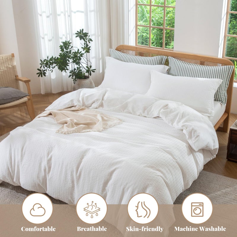 MILDLY White Boho Duvet Cover Set - 100% Washed Cotton Jacquard Stripe Textured Comforter Cover with Zipper Closure 90"x90" - Image 2