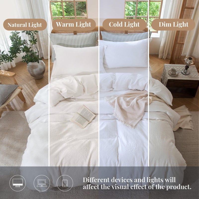 MILDLY White Boho Duvet Cover Set - 100% Washed Cotton Jacquard Stripe Textured Comforter Cover with Zipper Closure 90"x90" - Image 4