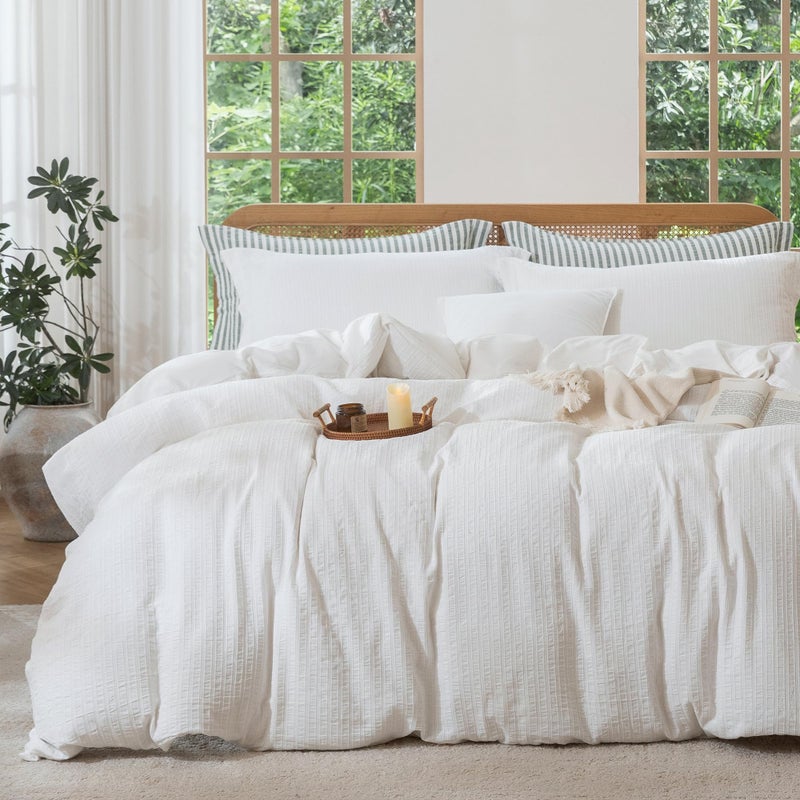 MILDLY White Boho Duvet Cover Set - 100% Washed Cotton Jacquard Stripe Textured Comforter Cover with Zipper Closure 90"x90" - Image 1