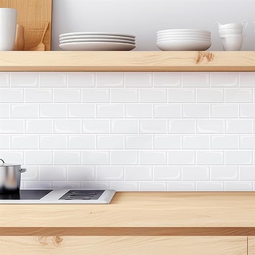 WALPLUS 40-Sheets Peel and Stick Backsplash Tiles 12" x 6" for Kitchen and Bathroom - Self Adhesive Removable Wall Tiles - Pure White - Image 2
