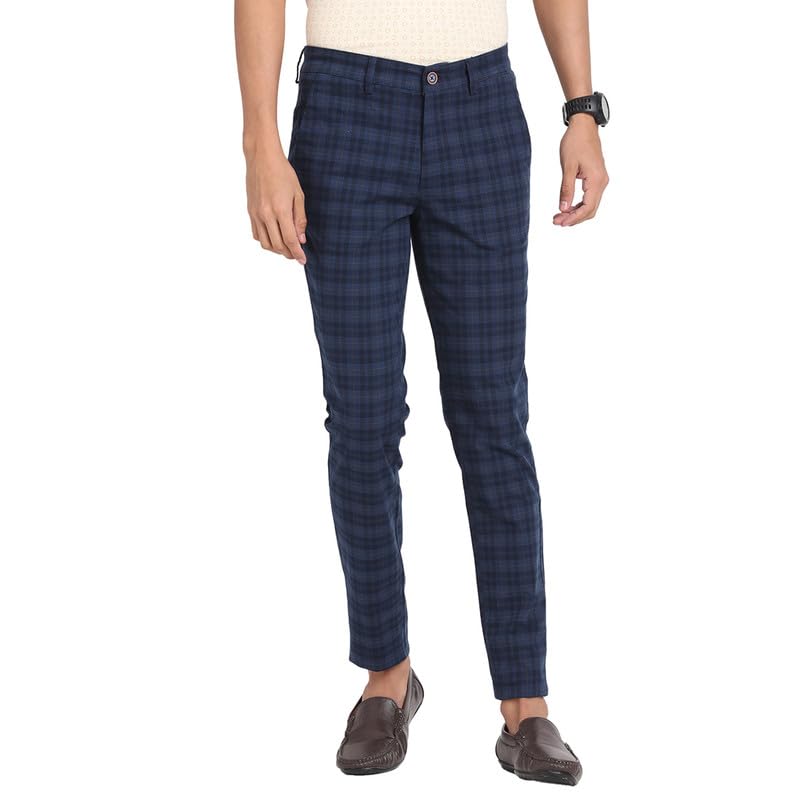 Turtle Men Cotton Stretch Checks Narrow Fit Blue Casual Trousers - Image 1