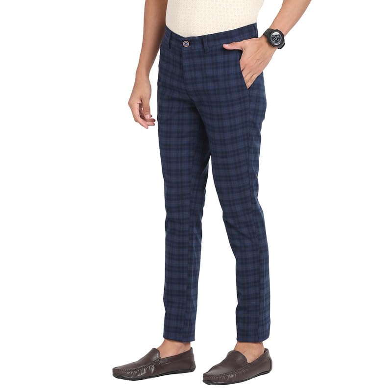 Turtle Men Cotton Stretch Checks Narrow Fit Blue Casual Trousers - Image 2