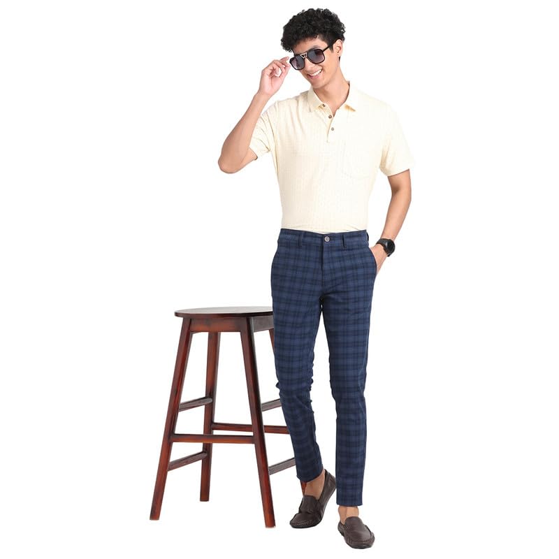 Turtle Men Cotton Stretch Checks Narrow Fit Blue Casual Trousers - Image 5