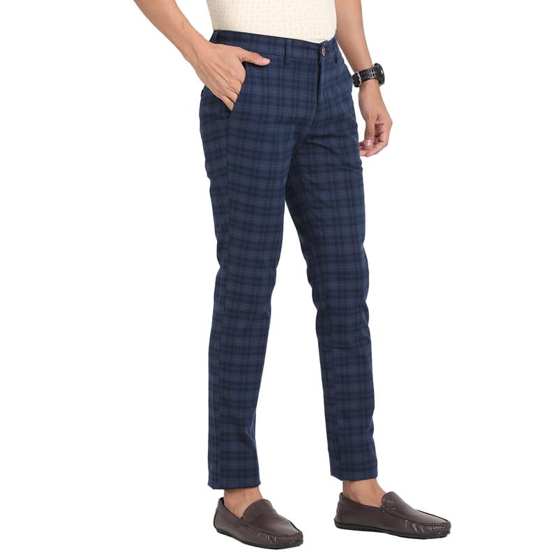 Turtle Men Cotton Stretch Checks Narrow Fit Blue Casual Trousers - Image 3