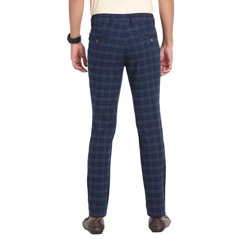 Turtle Men Cotton Stretch Checks Narrow Fit Blue Casual Trousers - Image 4