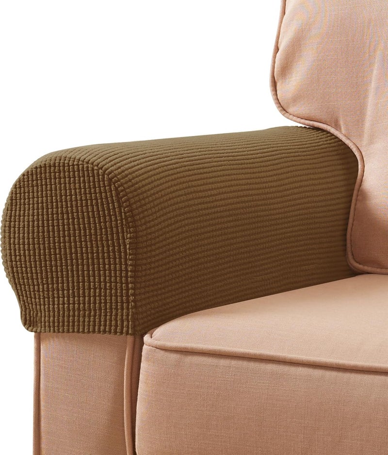 subrtex Stretch Couch Arm Covers Set of 2, Checkered Sofa Arm Slipcovers, Anti-Slip Armrest Covers for Recliner and Armchairs, Pet Proof, High Stretchy, Hook & Loop Tape, Coffee - Image 1