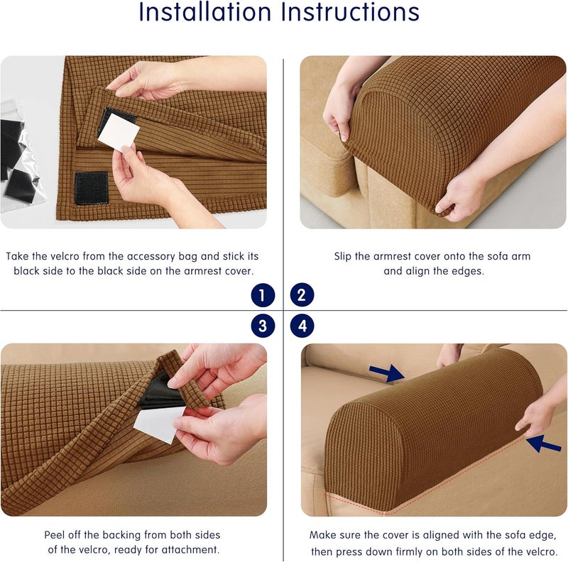 subrtex Stretch Couch Arm Covers Set of 2, Checkered Sofa Arm Slipcovers, Anti-Slip Armrest Covers for Recliner and Armchairs, Pet Proof, High Stretchy, Hook & Loop Tape, Coffee - Image 3