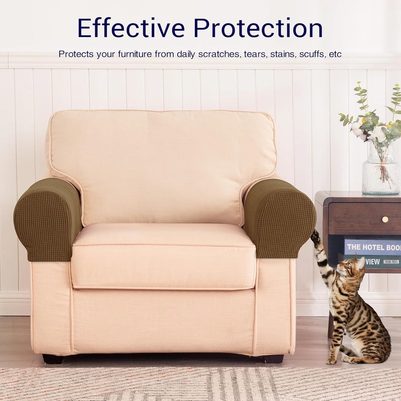 subrtex Stretch Couch Arm Covers Set of 2, Checkered Sofa Arm Slipcovers, Anti-Slip Armrest Covers for Recliner and Armchairs, Pet Proof, High Stretchy, Hook & Loop Tape, Coffee - Image 5