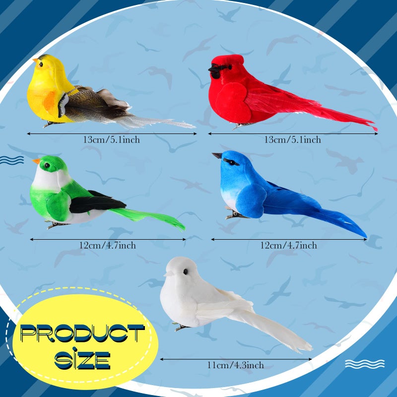 Threan 5 Pcs Artificial Birds Fake Birds Clip on Realistic Bird Ornaments Figurines for Tree Feathered for Spring Easter Party Wreath Craft Yard Garden Home Decor Flower Arrangement, Assorted Colors - Image 2