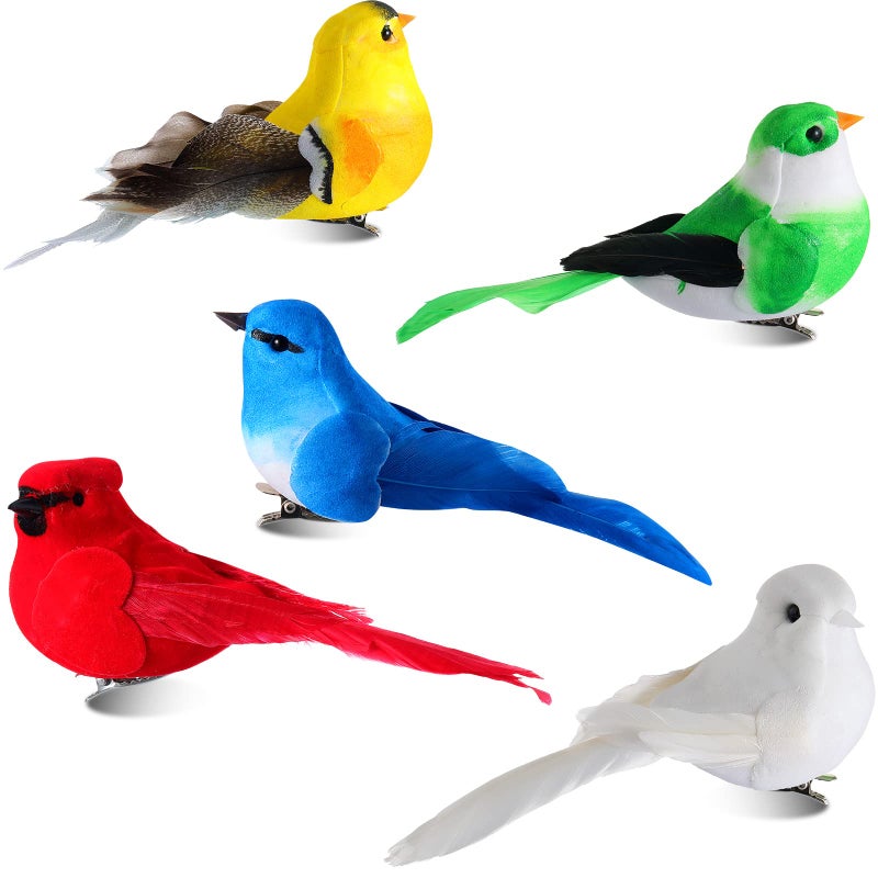 Threan 5 Pcs Artificial Birds Fake Birds Clip on Realistic Bird Ornaments Figurines for Tree Feathered for Spring Easter Party Wreath Craft Yard Garden Home Decor Flower Arrangement, Assorted Colors - Image 1