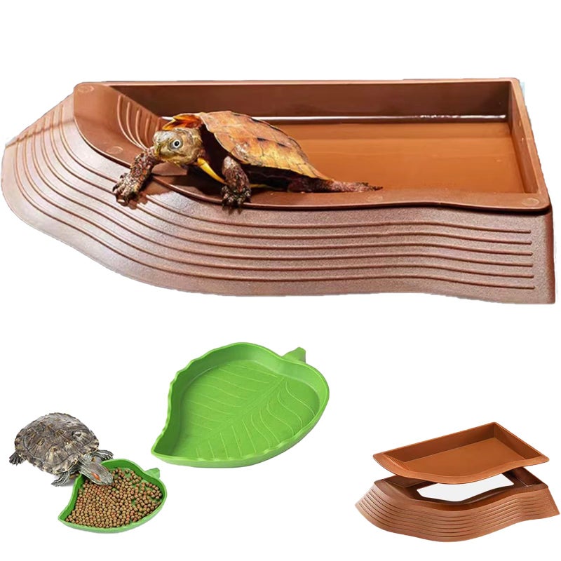 3PCS Tortoise Water Bowls with Ramp Leaf Tortoise Food Dish Reptile Food Water Bowls Reptile Bathing Pool Aquarium Ornament for Gecko, Snake, Turtle, Bearded Dragon, Lizard Small - Image 1