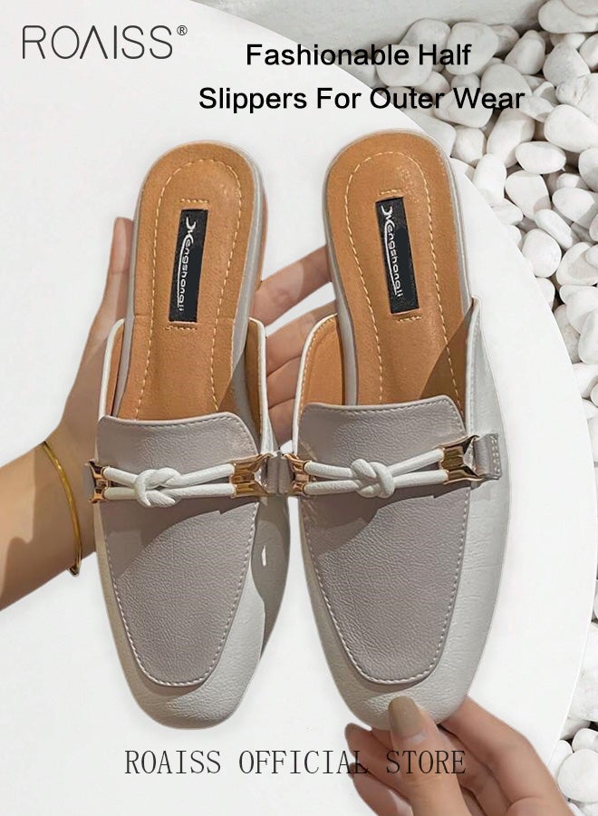 roaiss Knot Buckle Decor Square Toe Mule Flats for Women Comfortable Toe Cap Backless Out Wear Half Slippers Ladies Elegant Slip-on Loafers  - Image 3