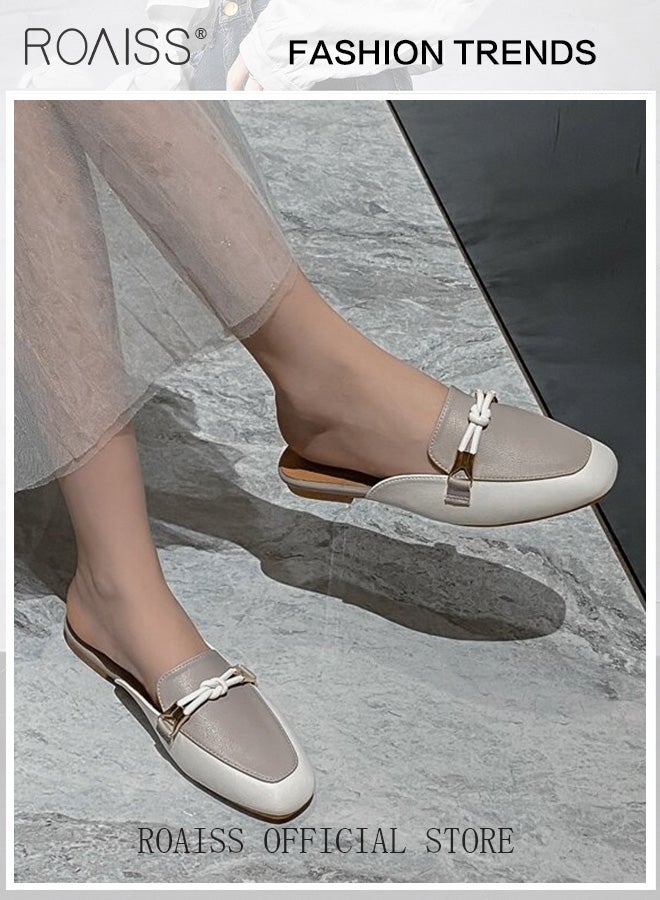 roaiss Knot Buckle Decor Square Toe Mule Flats for Women Comfortable Toe Cap Backless Out Wear Half Slippers Ladies Elegant Slip-on Loafers  - Image 2