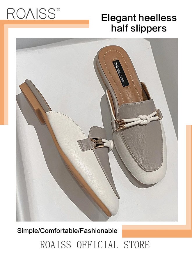roaiss Knot Buckle Decor Square Toe Mule Flats for Women Comfortable Toe Cap Backless Out Wear Half Slippers Ladies Elegant Slip-on Loafers  - Image 5