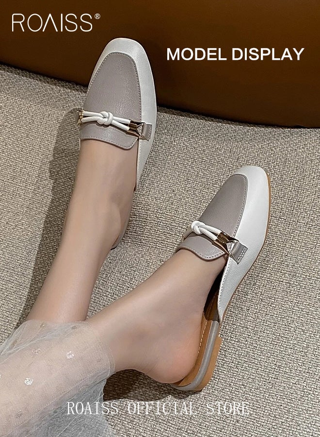 roaiss Knot Buckle Decor Square Toe Mule Flats for Women Comfortable Toe Cap Backless Out Wear Half Slippers Ladies Elegant Slip-on Loafers  - Image 4