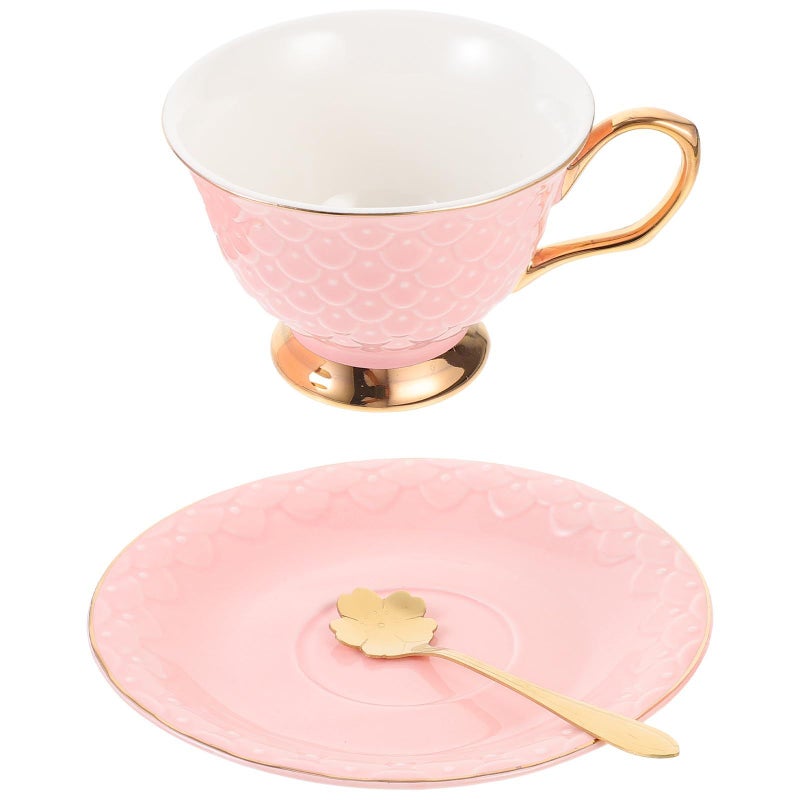 Pink Fish Scale Ceramic Coffee Cup and Saucer Set Food Grade Porcelain Espresso Mug - Image 2