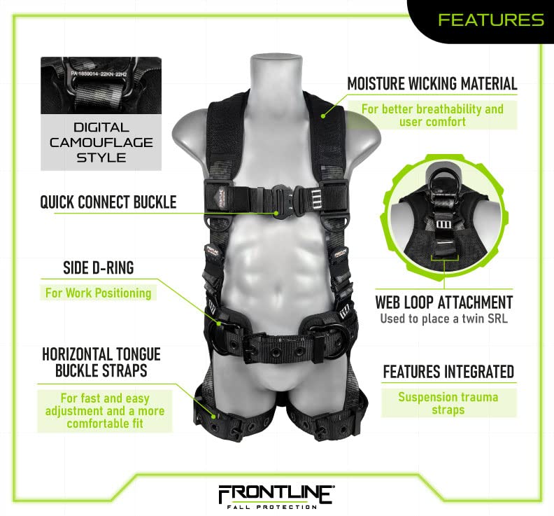 FRONTLINE FALL PROTECTION Frontline 110CTB-DC-ML Combatâ„¢ Lite Camouflage Full Body Harness (Size:ML) | Suspension Trauma Straps| Digital Camouflage| OSHA & ANSI Compliant - Image 4
