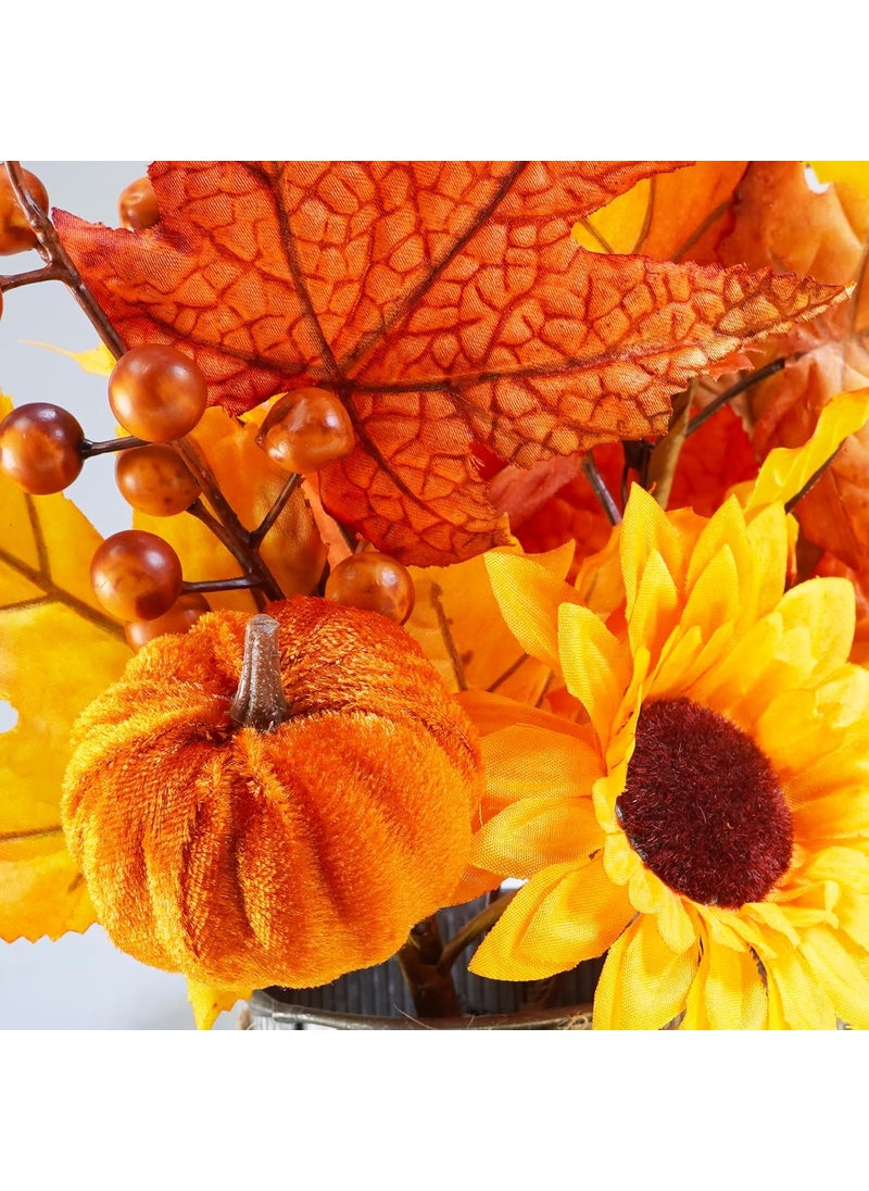 Winlyn Winlyn Set of 3 Small Potted Maple Arrangement Artificial Maple Leaf Branches Faux Fall Picks and Sprays in Rustic Galvanized Metal Pots with Decorative Wood Tray  - Image 2
