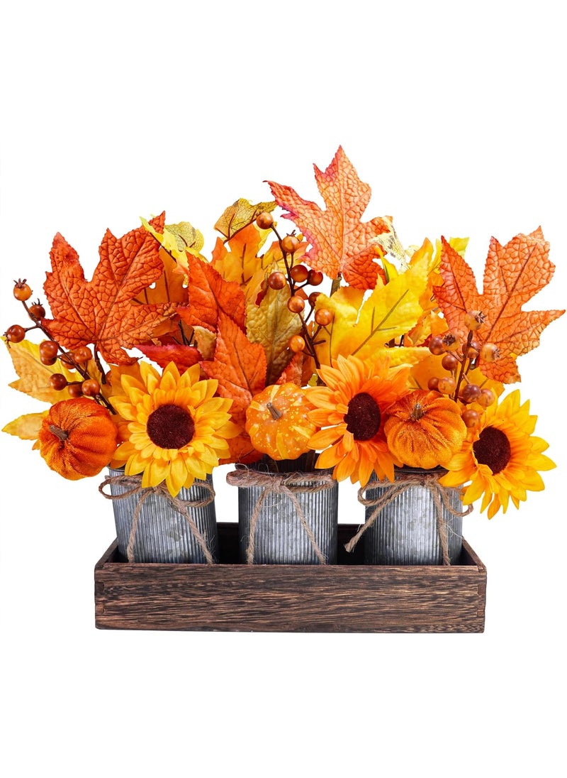 Winlyn Winlyn Set of 3 Small Potted Maple Arrangement Artificial Maple Leaf Branches Faux Fall Picks and Sprays in Rustic Galvanized Metal Pots with Decorative Wood Tray  - Image 1