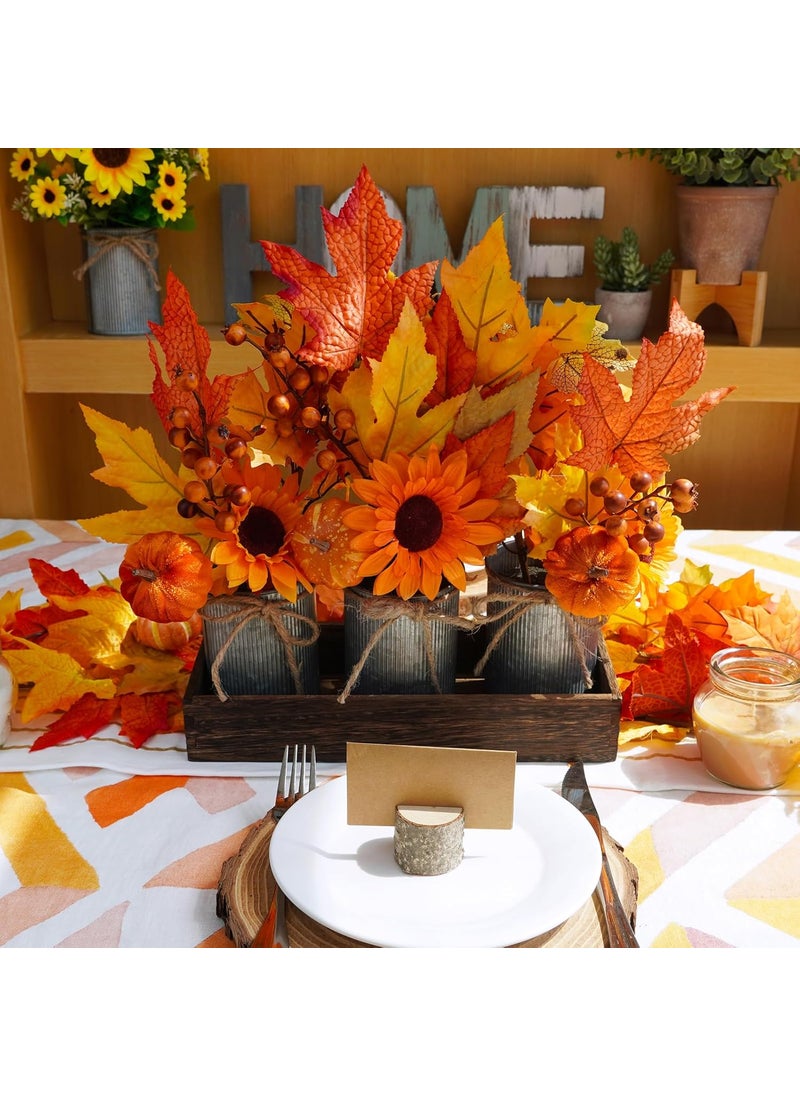 Winlyn Winlyn Set of 3 Small Potted Maple Arrangement Artificial Maple Leaf Branches Faux Fall Picks and Sprays in Rustic Galvanized Metal Pots with Decorative Wood Tray  - Image 4