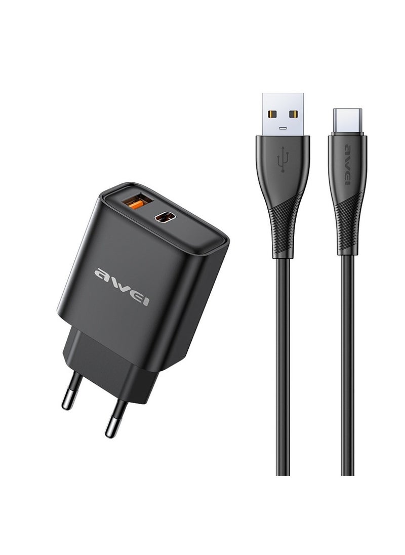 أوي شاحن Awei PD81T-EU USB-A / USB-C + كابل USB إلى USB-C أسود 