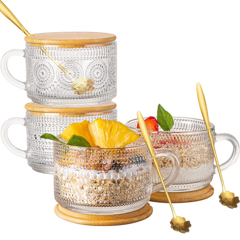 wookgreat Vintage Coffee Mugs Set of 4 Overnight Oats Containers with Bamboo Lids and Spoons  14oz Clear Embossed Glass Cups Cute Coffee Bar Accessories Ideal for Cappuccino Tea Latte Cereal