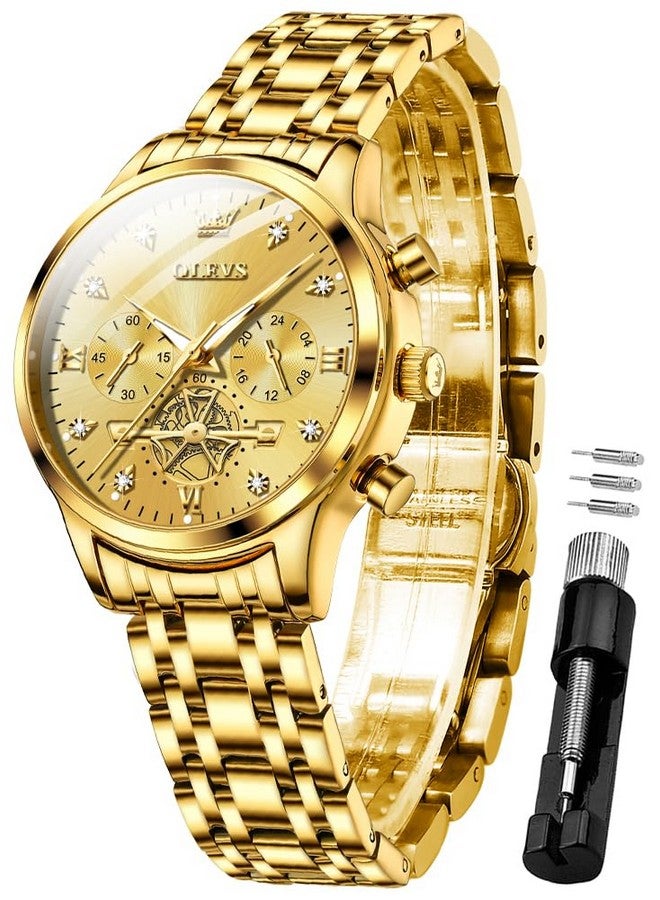 OLEVS Gold Watches for Women Chronograph Luxury Diamond Dress Analog Quartz Wrist Watches Stainless Steel Waterproof Luminous Ladies Watch - Image 1