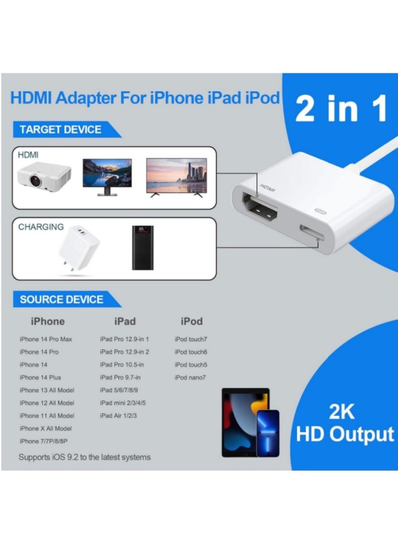 HDMI Adapter for iPhone iPad, 1080P HDMI Adapter for iPhone to TV Sync Screen Video  Audio Digital AV Converter with Charging for iPhone, iPad, iPod on HDTV/Projector/Monitor, Plug  Play - Image 2