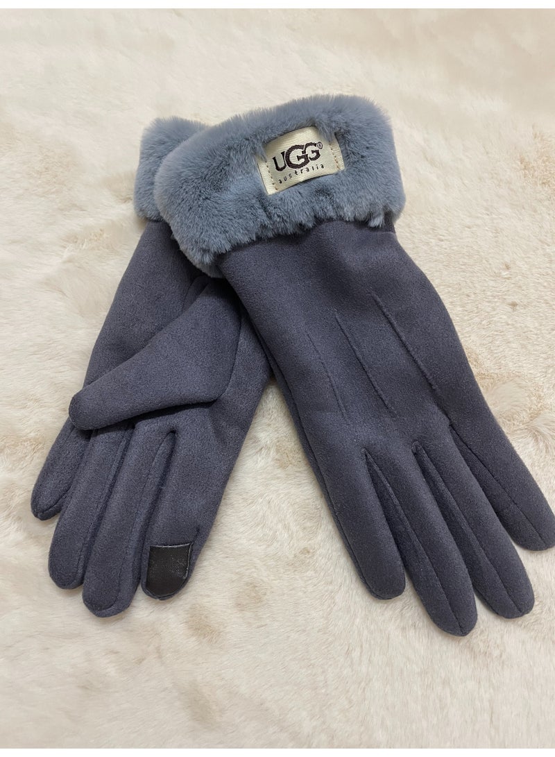 UGG Grey Suede Gloves with Faux Fur Cuff (Touchscreen-Compatible Winter Handwear)