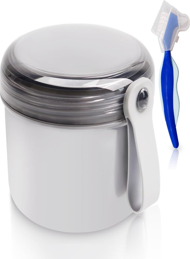 Mckkor Denture Case with Denture Brush, No Leak Denture Bath Box, Denture Travel Case, Denture Cup with Basket for Soaking Dentures (grey) - Image 1