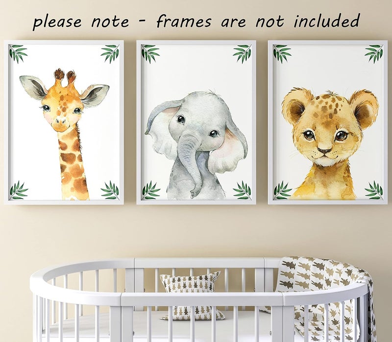 Eviepops Prints Safari Animals Baby Girl or Boy Nursery Bedroom Set of 3 Unframed Jungle Leaves Nursery Decor Wall Art Gift Present, Giraffe Elephant Lion (A4) - Image 5