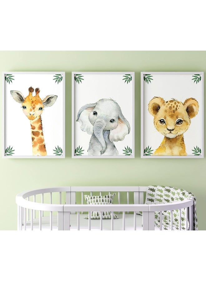 Eviepops Prints Safari Animals Baby Girl or Boy Nursery Bedroom Set of 3 Unframed Jungle Leaves Nursery Decor Wall Art Gift Present, Giraffe Elephant Lion (A4) - Image 1