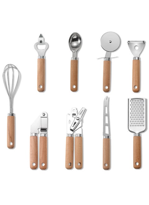 Set of 9-Piece Stainless Steel Kitchen Gadget Utensils with Wood Handles Premium Cooking Tools Pizza Cutter Whisk Spoon Grater Fruit and Vegetable Peeler and Bottle Opener Brown