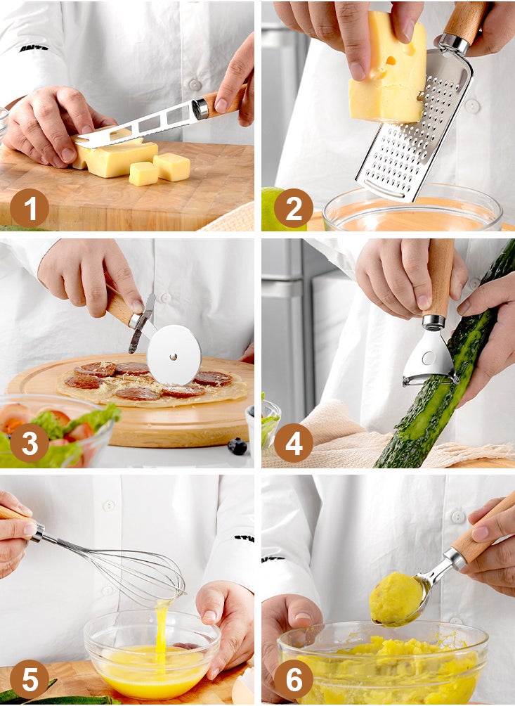 Perfii Set of 9-Piece Stainless Steel Kitchen Gadget Utensils with Wood Handles Premium Cooking Tools Pizza Cutter Whisk Spoon Grater Fruit and Vegetable Peeler and Bottle Opener Brown  - Image 5