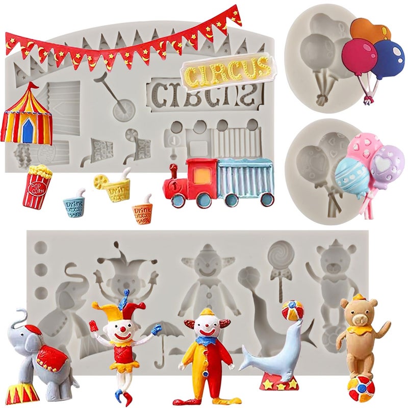 sijiangmold Sijiangmold Circus Fondant Silicone Molds Clown Elephant Chocolate Molds Theater Unicycle Balloon Mold For Cupcake Topper Cake Decorating Candy Craft Polymer Clay Gum Paste Set Of 4  - Image 1