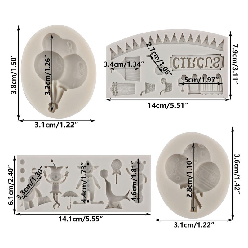 sijiangmold Sijiangmold Circus Fondant Silicone Molds Clown Elephant Chocolate Molds Theater Unicycle Balloon Mold For Cupcake Topper Cake Decorating Candy Craft Polymer Clay Gum Paste Set Of 4  - Image 2