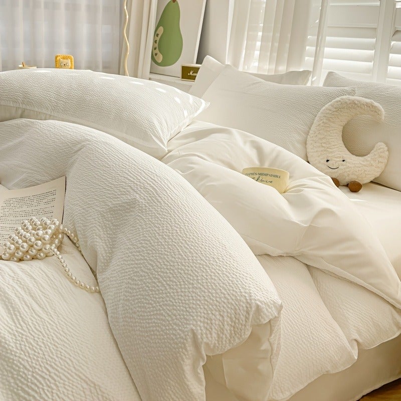 4pcs Ultra Soft Seersucker Bedding (1 Duvet Cover + 1 Bed Sheet + 2 Pillowcases) - Suitable for Bedroom, Dormitory, Guest Room, All Seasons, Easy Care - Image 1