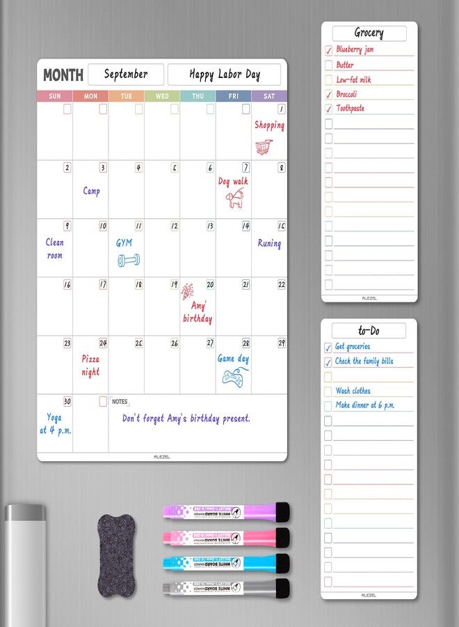 ALEZEL Magnetic Dry Erase Refrigerator Calendar, Vertical Monthly Calendar Whiteboard for Fridge, Includes Fridge Calendar & 2 List White Boards, 4 Markers + Eraser - Image 1