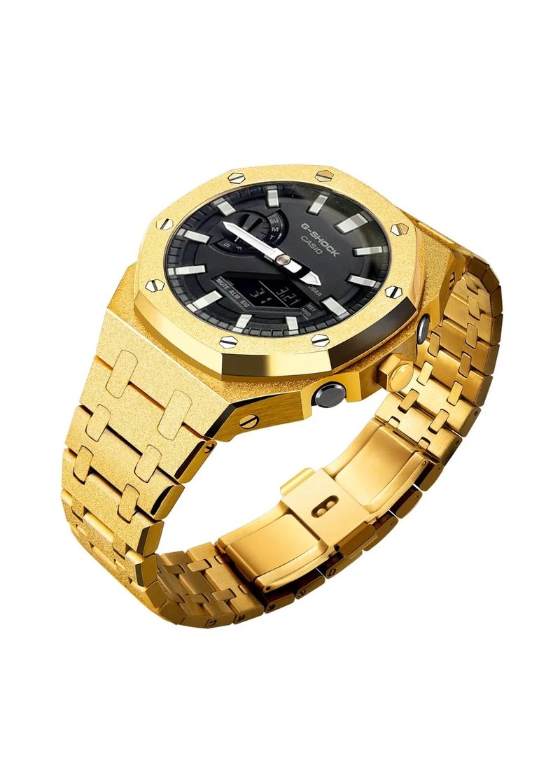 AROAQ GA2100 Metal Watch Band Case Replacement Kit, Stainless Steel Strap Bezel Accessories, Frosted Surface Stainless Steel Bracelet Case Mod For Shock, (Frost gold rose gold shell Tiffany blue tape)  - Image 2