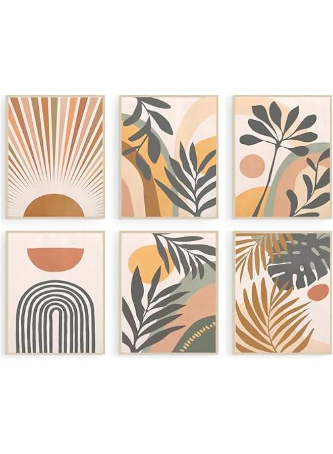KBKBART مجموعة مطبوعات فنية جدارية بوهيمية من 6 قطع، مطبوعات عصرية من منتصف القرن، ديكور حائط بوهو هندسي محايد على شكل شمس وقمر وورقة نخيل وقوس قزح، ملصقات حائط معرض بسيطة لغرفة النوم وغرفة المعيشة - Image 1