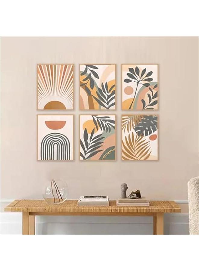 KBKBART مجموعة مطبوعات فنية جدارية بوهيمية من 6 قطع، مطبوعات عصرية من منتصف القرن، ديكور حائط بوهو هندسي محايد على شكل شمس وقمر وورقة نخيل وقوس قزح، ملصقات حائط معرض بسيطة لغرفة النوم وغرفة المعيشة - Image 2