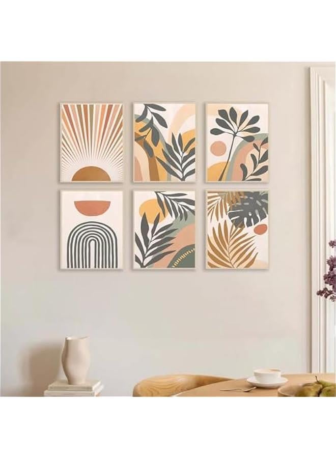 KBKBART مجموعة مطبوعات فنية جدارية بوهيمية من 6 قطع، مطبوعات عصرية من منتصف القرن، ديكور حائط بوهو هندسي محايد على شكل شمس وقمر وورقة نخيل وقوس قزح، ملصقات حائط معرض بسيطة لغرفة النوم وغرفة المعيشة - Image 3