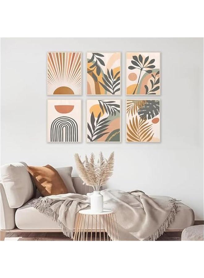 KBKBART مجموعة مطبوعات فنية جدارية بوهيمية من 6 قطع، مطبوعات عصرية من منتصف القرن، ديكور حائط بوهو هندسي محايد على شكل شمس وقمر وورقة نخيل وقوس قزح، ملصقات حائط معرض بسيطة لغرفة النوم وغرفة المعيشة - Image 4