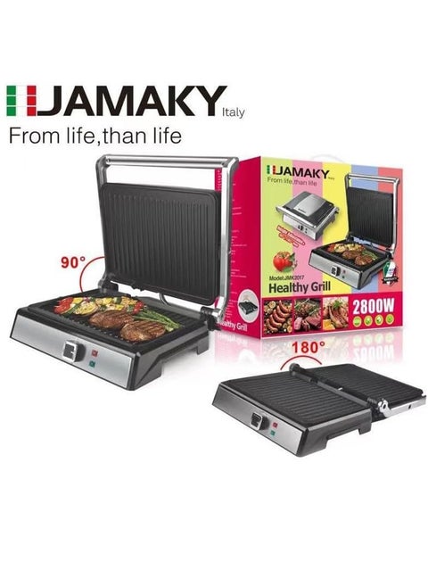 The electric grill (JMK 2017) with Italian technology has a capacity of 2800 watts and is non-stick, suitable for grilling various foods such as meat, vegetables, and even fried eggs.   Easy to use for healthy cooking and heating.