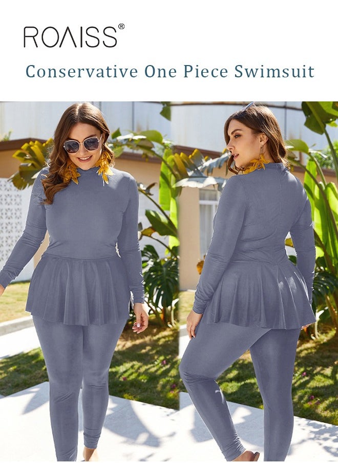 roaiss - ROAISS 2-Piece Women Conservative Swimsuit Set Muslim Ruffled Hem Swimwear Swimming Trousers Cap Ladies Beachwear Skirt Bikini Dress Arab Clothing Pure  Grey - Image 1