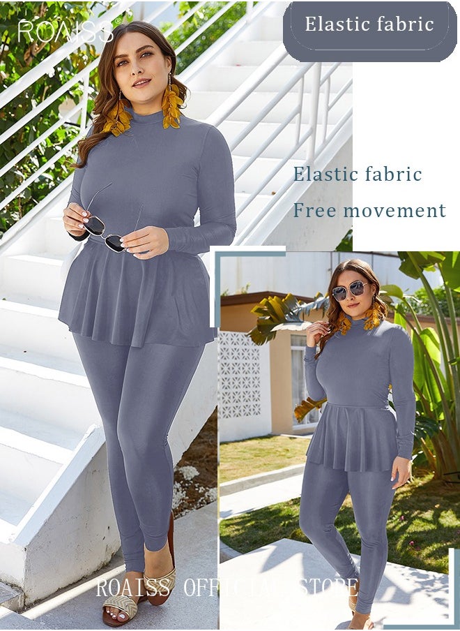 roaiss - ROAISS 2-Piece Women Conservative Swimsuit Set Muslim Ruffled Hem Swimwear Swimming Trousers Cap Ladies Beachwear Skirt Bikini Dress Arab Clothing Pure  Grey - Image 1